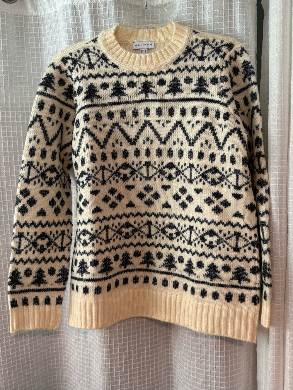 Susan Graver Jacquard Crew-Neck Sweater Cream Small Excellent Condition